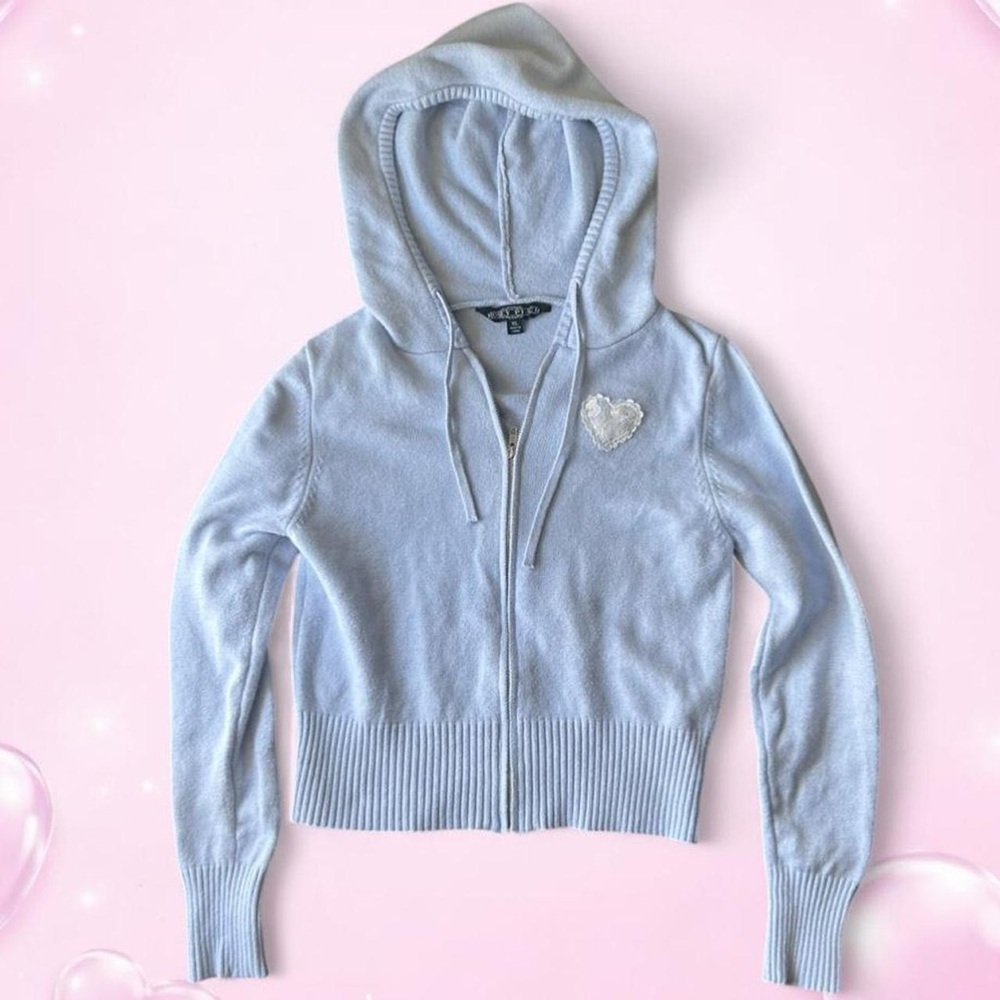 Honey Peach Light Blue Hooded Sweater with Lace Heart Patch